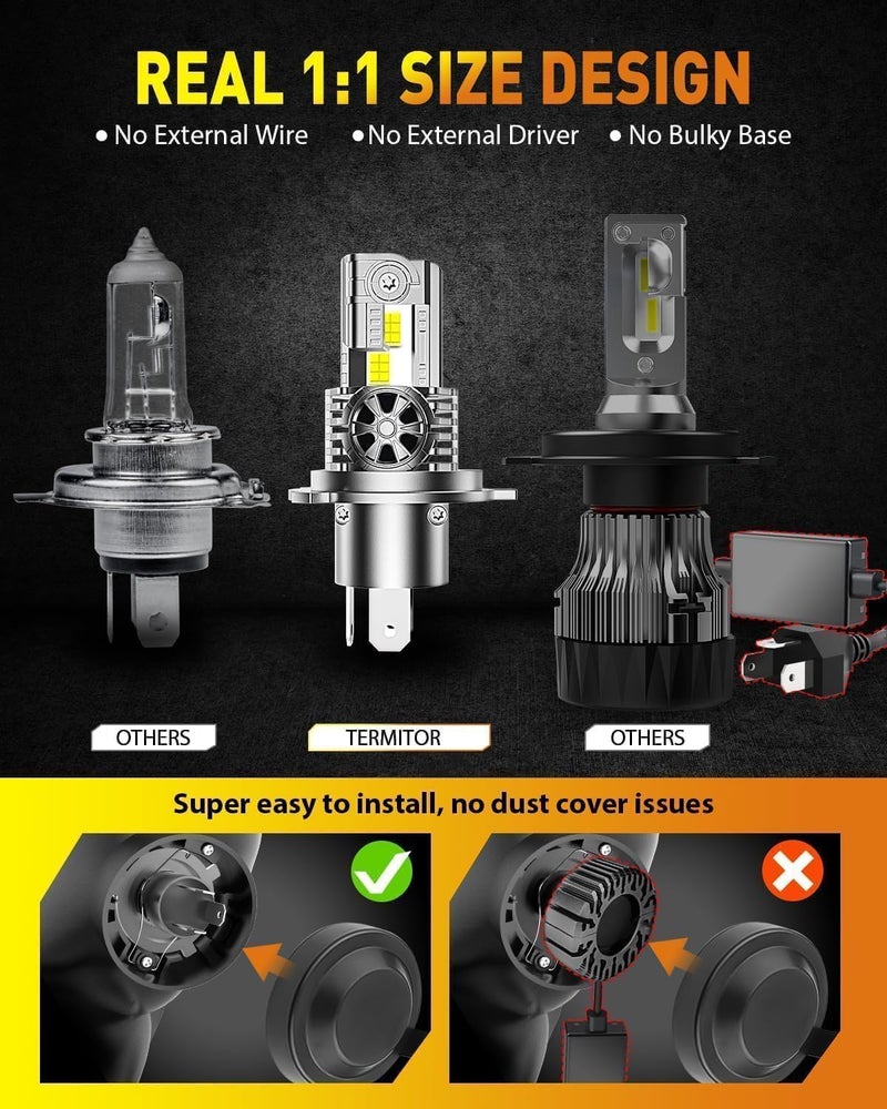 Termitor Upgraded H4/9003/HB2 Bulbs, 50,000LM 10X Super Bright, 1:1 Mini Size 6500K Cool White IP68 Waterproof Automotive Replacement H4 9003 Fog Lights, Quick Installation, Pack of 2 - Image 3